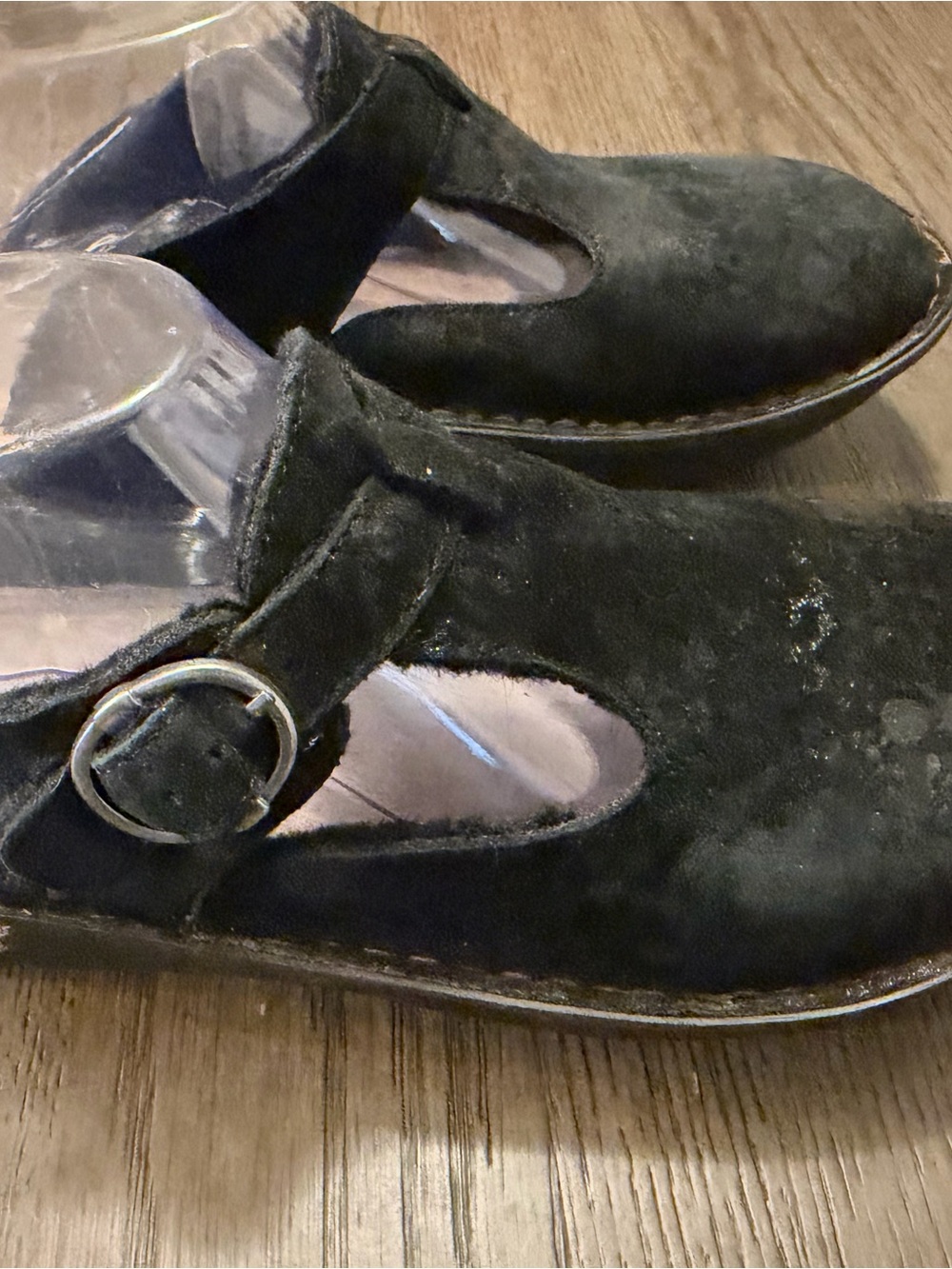 Alegria Black Suede Mary Jane Clog with Buckle has wear on toes see pics